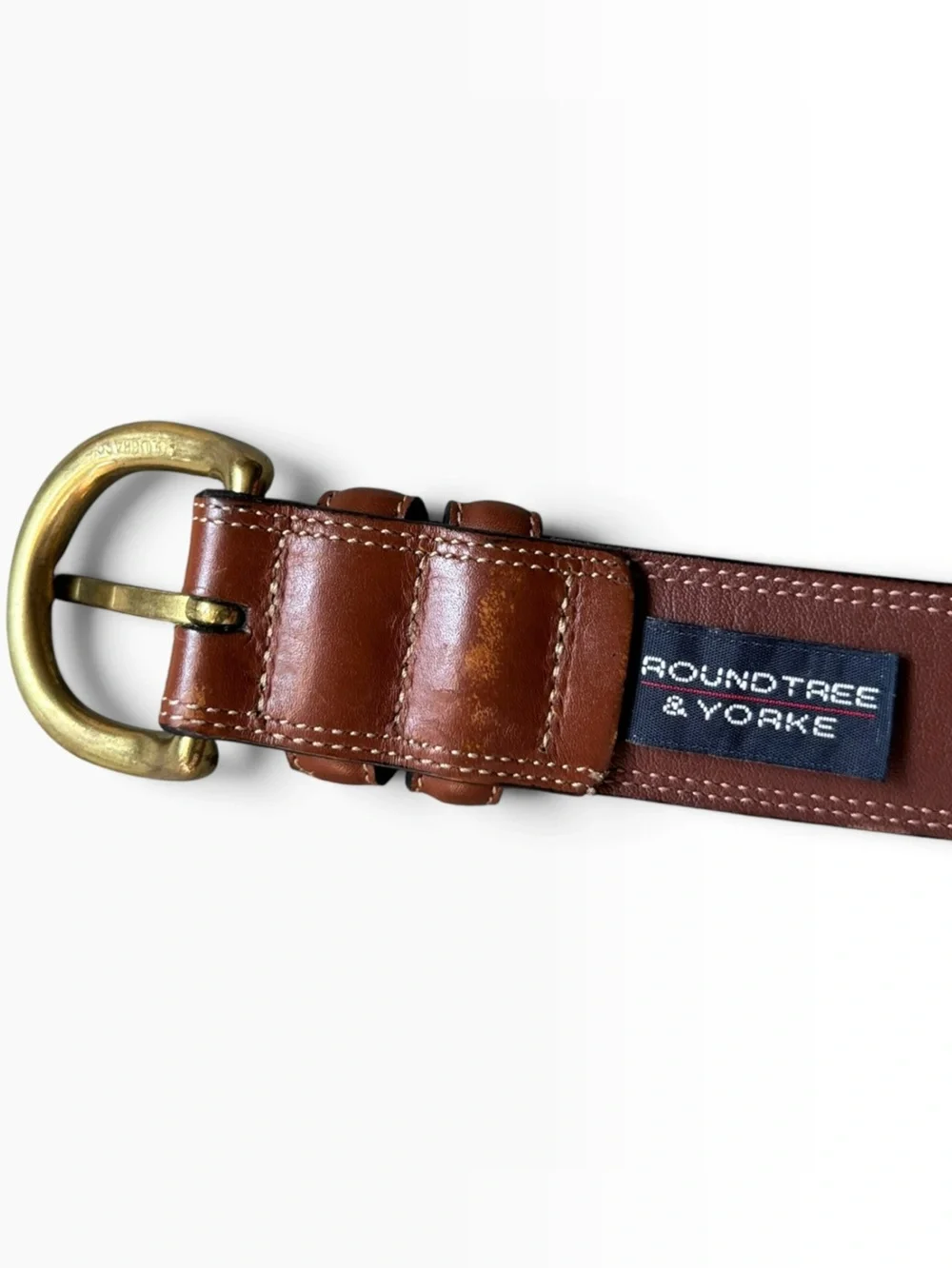 Roundtree & York Mens Leather Belt Size 42 Cognac Brown Solid Brass Buckle 1.25